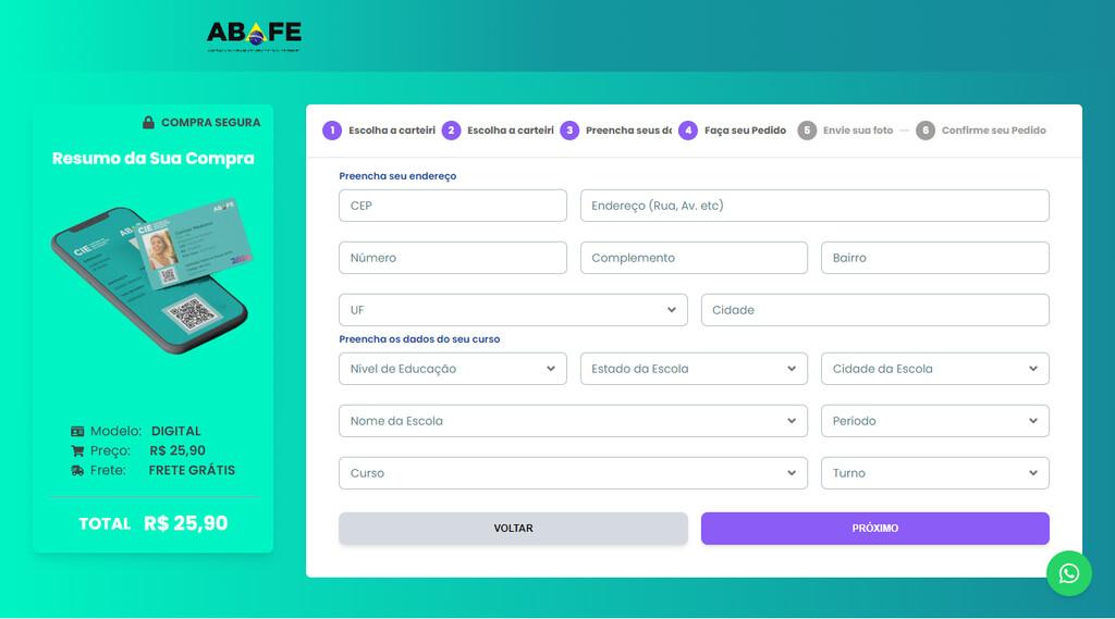 Print de página de formulário da carteira de estudante digital da ABAFE.