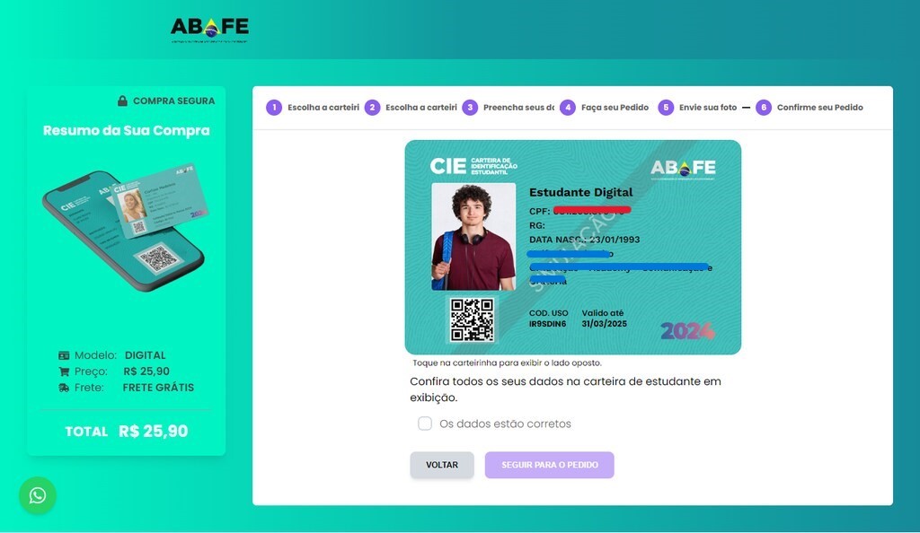 Tela de confirmação do pedido de carteira de estudante digital, com uma prévia da sua carteirinha.