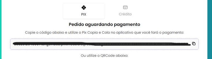 Print da tela de pagamento, que pode ser feito através de pix ou cartão de crédito.