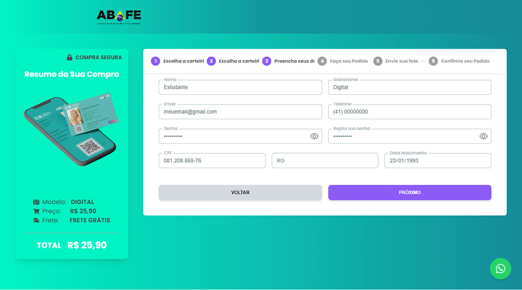 Página de formulário da carteira de estudante digital da ABAFE.